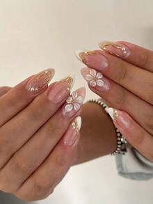 24pcs Almond Shaped 3D Gel Nail Stickers, Floral Nail Art Design, French Tip Style, Medium Size Metal Cross Decor, Pearl Accent, Perfect For Acrylic Nail Tips, Includes: 1pc Jelly Gel And 1pc Nail File. Almond Shaped French Nail Stickers, Suitable For Women's Daily Work, Festivals And Parties. - 多色 6 - 查看 2