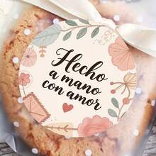 6/30 张彩色感谢贴纸，适用于小型企业，提供英语和西班牙语版本 - 信封花朵手工情书手工爱心蛋糕甜点烘焙优雅粉色和白色圆形贴纸，带有“手工心形和星星”图案 - 彩色 - 查看 3