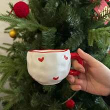 Tasse en céramique peinte à la main avec soucoupe, tasse à café, tasse à thé pour la maison/le bureau, convient pour le jus, le lait, le café - cadeau d'anniversaire et de fête, cadeau pour la famille, cadeau pour lui, service de tasses à café en céramique - gros cœur rouge - Voir 15