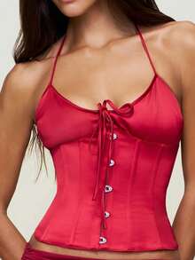 Women's Going Out Halter Corset Tops Sleeveless Lace Up Open Back Crop Top - Red - View 2
