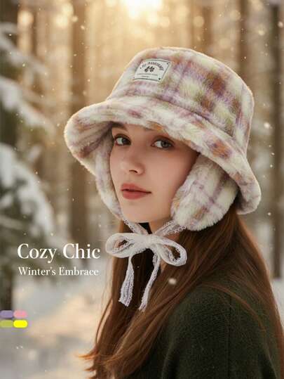 1顶手工蕾丝耳罩毛绒渔夫帽，女士款，适合外出、骑行、户外活动，系带渔夫帽，秋冬季女士冬装