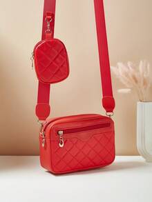 1pc Girls Mini Diamond Pattern Embroidered Letter Pouch, Phone Wallet Coin Purse - Red - View 7