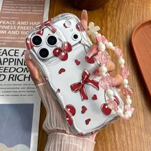 1个可爱红色蝴蝶结元素非3D亮面透明大波浪奶油色外壳2D印花手机壳，带玫瑰挂绳，防震保护套，兼容苹果 11/12/13/14/15/16/16 Pro/16 Pro Max，三星Galaxy A05/A15/A25/A35/A53/A54/A55/S23/S24 - 彩色 - 查看 2