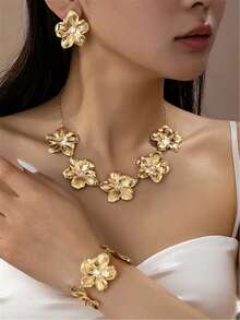 2pcs/5pcs Set Floral Necklace, Earrings, Bracelet, Ring Metal 5-Petal Flower Jewelry Set For Women, Graceful & Sweet