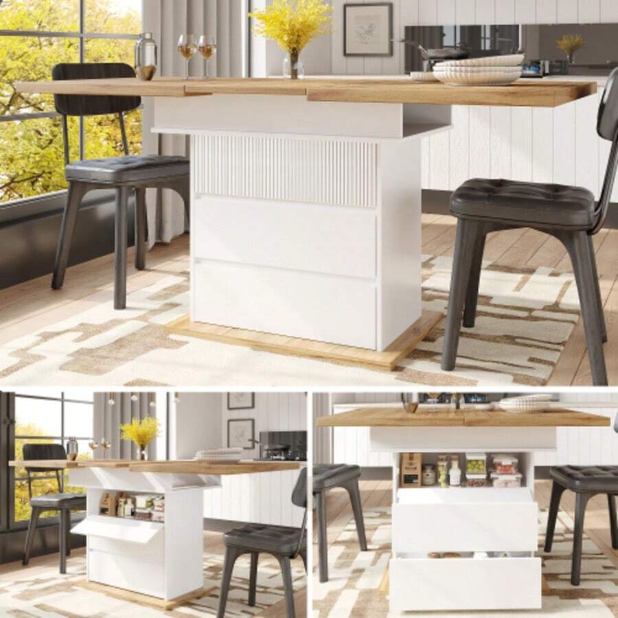Extendable Dining Table (110-140*80 Cm), Folding Kitchen Table, Seats 4 To 6, Space-Saving Design, Suitable For Both Kitchen And Living Room, With Three-Tier Shelf, White. - White - View 1