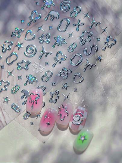 1 张金银美甲贴纸，5D 浮雕不规则美甲，彩色宝石贴花，自粘防水宝石美甲用品，适合女性和女孩，DIY 美甲装饰。