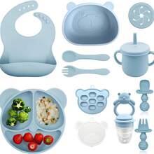 11pcs Silicone Feeding Set, Including Bear Plate, Bear Bowl, Bear Teething Feeder Bag, Bear Food Container With Lid And Ice Tray, Baby Bib, Water Droplet Cup (With 2 Lids, Can Be Used As Snack Cup Or Sippy Cup), Silicone Long Fork, Silicone Ball-Shaped Short Fork, Baby Food Masher, Baby Food Preparation Tools - Multicolor - View 13