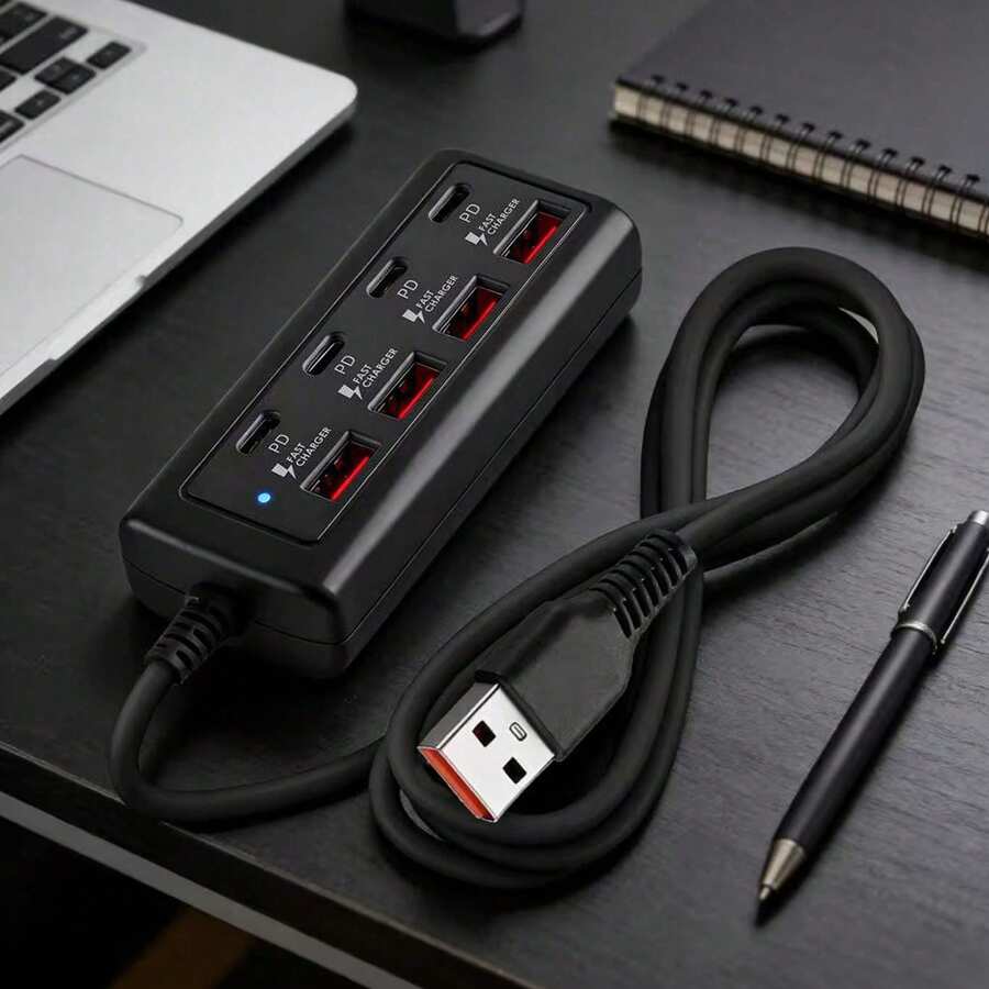 25W 8-Port USB Hub With 4 USB 3.0 Ports And 4 PD Fast Charging Ports, Black And White Options, Universal Compatibility