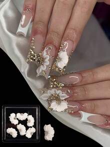 6/12/30pcs 3D Handmade Acrylic Flower Nail Art Decorations - Luxury White 3D Flowers With Rainbow Rhinestones And Golden Beads, Carved By Nail Artists, INS Trending Spring/Summer DIY Nail Supplies, Suitable For Women And Girls, Elegant Nail Stickers Nails - Yellow - View 4