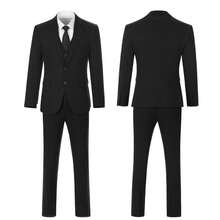 Boys 3-Piece Herringbone Twill Suit Set, Black, Suitable For Wedding, Birthday, School, Stage, Formal Occasions, 6-16 Years Old - Black - View 2