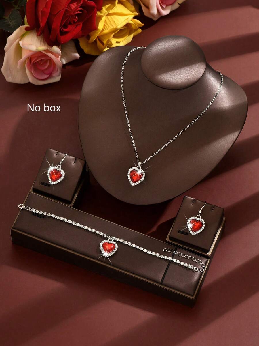 Bộ trang sức tối giản, đa năng, mặt dây chuyền hình trái tim màu xanh dương và đỏ, gồm dây chuyền và bông tai, vòng tay, mặt dây chuyền thanh lịch dành cho nữ, thích hợp làm quà tặng Ngày Valentine/Ngày của Mẹ (Không kèm hộp). - Đỏ - Xem 1