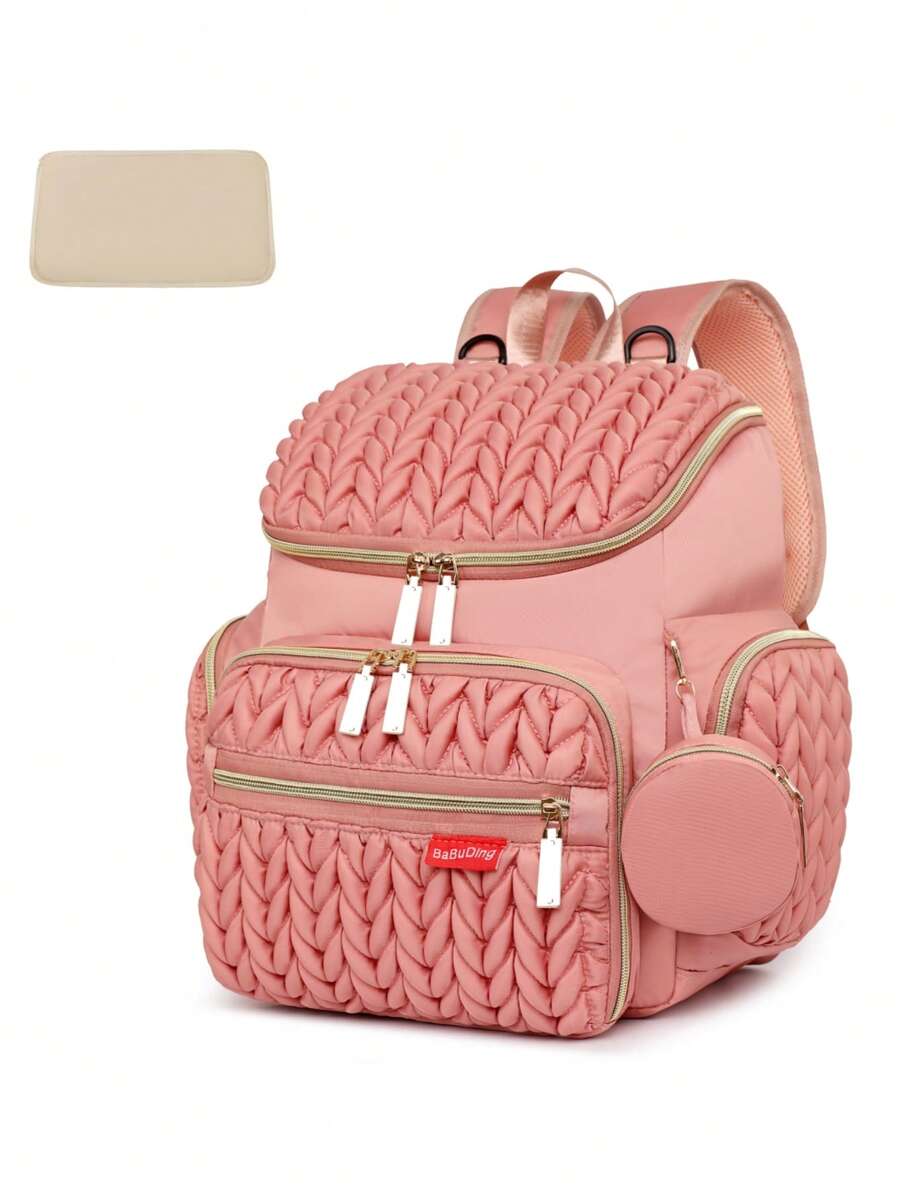 1pc Fashion Mommy Backpack, Large Capacity Diaper Bag, Portable Maternity Bag, Multi-Function Changing Station, Mommy & Baby Travel Essentials - Pink - View 1