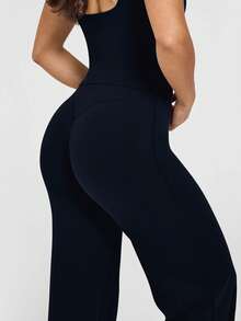 1 chiếc quần yoga ống rộng màu trơn dành cho nữ, thoải mái, vừa vặn, đa năng, phù hợp cho chạy bộ, tập thể dục và yoga mùa xuân. - Màu xanh hải quân - Xem 7