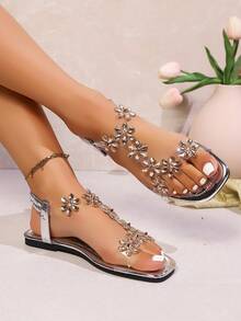 Giày sandal đế bằng mũi vuông họa tiết hoa dành cho nữ, kiểu dáng thường ngày, nhẹ nhàng, thoải mái, dễ xỏ. - Hoa bạc - Xem 3