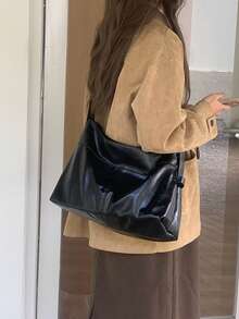 休闲超大黑色通勤手提包，柔软皮革，宽肩带，女士单肩包，小众设计 - 黑色 - 查看 5