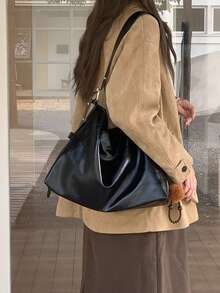 休闲超大黑色通勤手提包，柔软皮革，宽肩带，女士单肩包，小众设计 - 黑色 - 查看 4