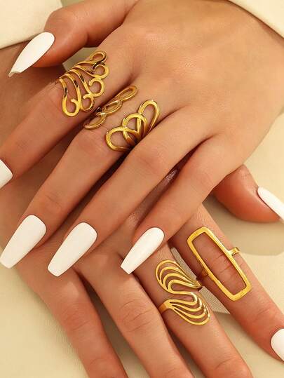 4pcs Stainless Steel Gold-Tone S-Shaped, Rectangular, Irregular Opening Ring Set, Waterproof, Sweat-Proof, No Fading, Suitable For Women's Daily Decoration Or Gift