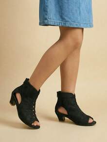 1 Pair Girls' New High Heel Sandals, Black Hollow Vamp, Rear Zipper, Elegant Children's Summer Sandals, Designed Children's High-Top Shoes, Open Toe, Suitable For Parties And Gatherings, Matching Outfits - Black - View 5