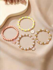 4pcs/Set Butterfly, Heart, Smiling Face, Pearl, Heart, Daisy Charm Bracelet Set For Girl & Girls - Multicolor - View 5