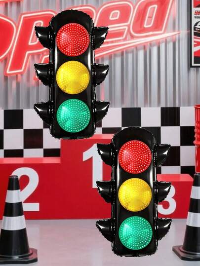 2 quả bóng bay lớn hình đèn giao thông màu đỏ và xanh lá cây, thích hợp cho tiệc sinh nhật, tiệc chủ đề đua xe, trang trí sự kiện.