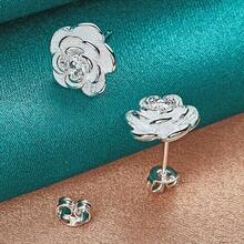 925 Sterling Silver Rose Gold Plated Flower Stud Earrings, Charming Jewelry For Wedding Engagement - Silver - View 3