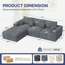 Hawthyhome Plush Corduroy Modular Sectional Sofa Set With Pillows, Heavy Duty 550kg Weight Capacity And Pet Friendly Design, Ergonomic Wide Armrests For Full Support, Includes 3 Large Headrests And 4 Decorative Cushions, Easy To Assemble Customisable Living Room Furniture, Perfect For Family Homes - Grey - View 4