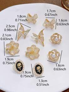 5对优雅法式复古奢华蝴蝶花朵水钻仿珍珠耳钉套装，适合女性日常、通勤、节日、派对等场合佩戴。 - 金黃色 - 查看 3