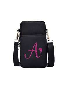 1个银色拉链黑色手机收纳单肩包,饰有玫瑰红亮片字母A-Z,时尚便捷的户外活动迷你手机包。可作腕包、多层包、女士零钱包、学习用品包、简约手提包、多功能斜挎包使用,适合户外、办公、度假、露营和商务场合。适合作为生日礼物、返校和毕业礼物、节日纪念品、母亲节礼物、婚礼配饰和旅行配饰。 - 彩色 - 查看 8