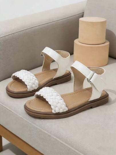 1 Pair Unisex Strappy Woven Hollow-Out Comfortable PU Strap Flat Roman Sandals With Cute Design, Suitable For Various Summer Festivals