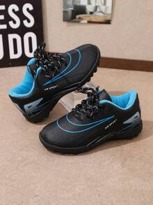 1 Pair Kids' Sports Shoes, Blue & Black Color Block, Lace-Up, Round Toe, All Season Soccer Shoes, Suitable For School Sports And Daily Wear - Blue - View 6