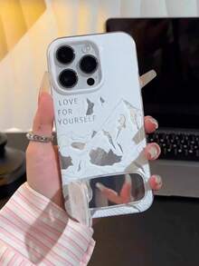 1 PC Hollow Line Snow Mountain Pattern Kickstand Phone Case - Stylish & Personalized With Mirror, Compatible With 11/12/13/14/15/16 Pro/17 Pro Max, Full-Body Protective Couple Case, Ideal Valentine's Day Gift - White - View 1