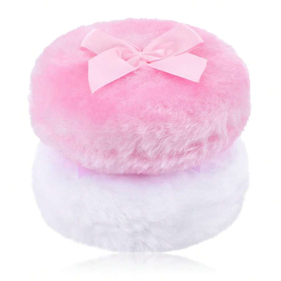 2pcs Large Fluffy Powder Puff 3 5 Inch Soft Body Face Applicator - White and Pink - View 1