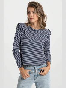 ARMONIAS Camiseta de Rayas Armonías Teen con Volantes en Hombros, Cuello Redondo y Manga Larga para Mujer, Hecha en Italia, Mezcla de Algodón y Poliéster, Disponible en Tallas S, M y L, Color Azul Navy, Tela con Elasticidad Normal, Ideal para un Estilo Casual y Confortable, Diseño Exclusivo para un Look Moderno y Juvenil - N. AZUL - Ver 2