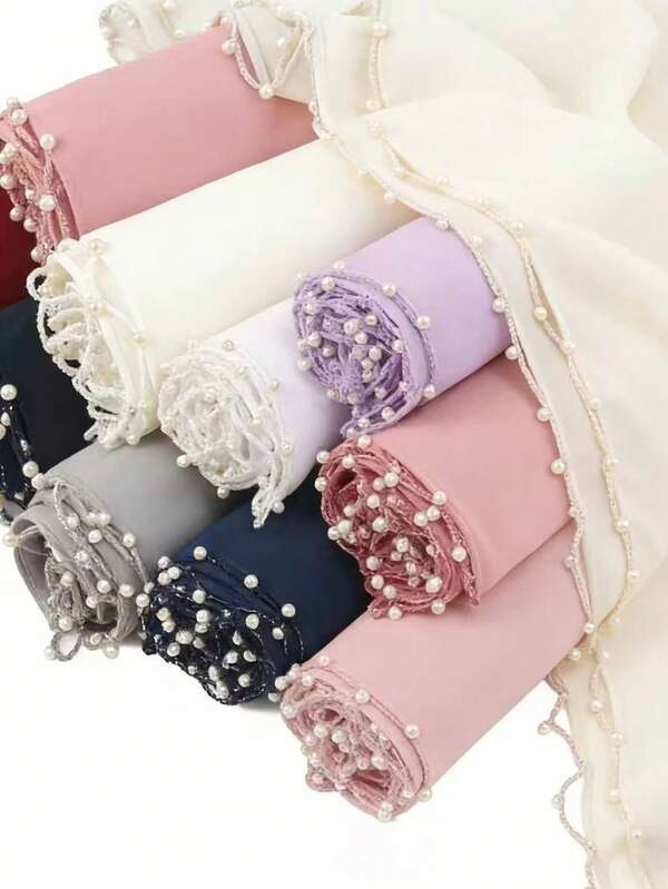 1pc Chiffon Long Scarf With Pearl Beaded Wavy Trim, Sunscreen Middle Eastern Headscarf/Hijab For Women
