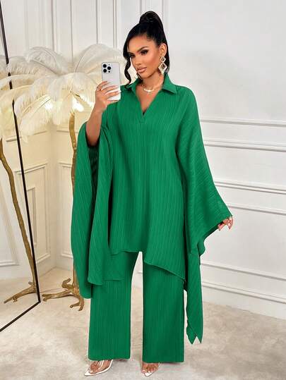 AIJ Conjunto de dos piezas de estilo de Oriente Medio, nueva llegada de primavera/verano de Amarilo. Top con manga de murciélago, cuello de solapa y tela texturizada verde. Pantalones rectos de pierna suelta y cómoda, moda modesta musulmana para uso diario.