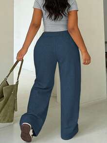 休闲日常加大码交叉系带阔腿长裤，适合假日、节日、晚宴、复古风、情人节、新年、优雅女士、海滩装扮、感恩节装扮、毕业典礼、音乐会女装、夏季女装、锐舞节装扮、音乐会女装、早午餐女装、商务休闲女装 - 寶藍色 - 查看 3