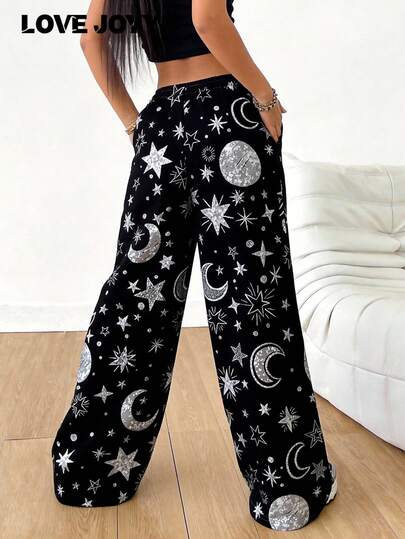 LOVE JOYY 女士 Y2K 星月行星印花阔腿裤，宽松舒适，神秘风格黑色高腰抽绳休闲裤，适合春夏日常穿着，也适合节日派对。