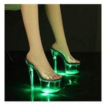 17cm Glowing Platform Heels For Women Transparent Crystal Sole Luminous Sandals Nightclub Party Pole Dance Runway Shoes - 綠色 - 查看 5