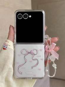 Cute Sweet Full Screen Bow Love Clear Phone Case +3D Wrinkle Heart Star Chain Compatible With Samsung Galaxy Z Flip 7 ZFlip6 ZFLIP5 Zflip4 Zflip3 5G Simple Lovely Anti-Drop Protect Folding Back Cover - Bow - View 2