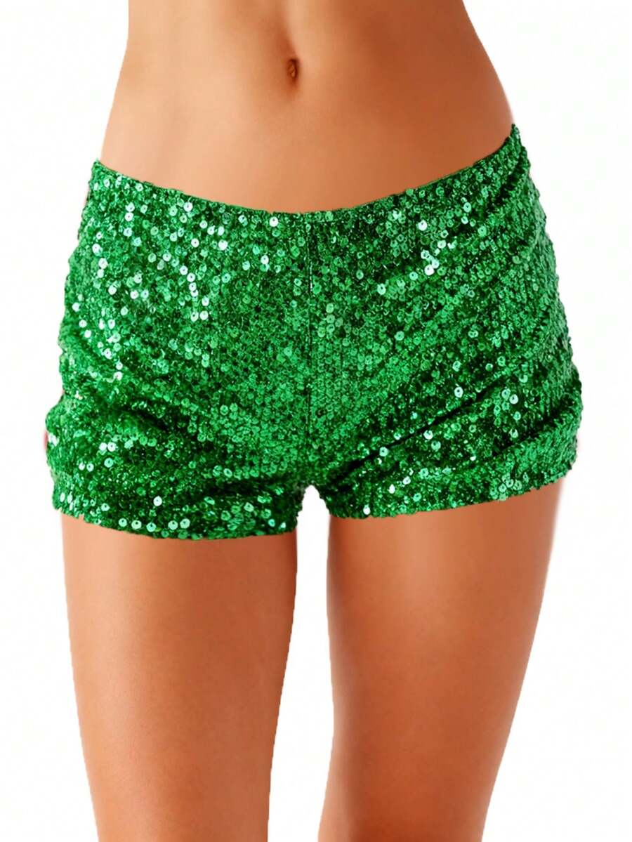 Womens Sequin Mini Shorts Y2K Going Out Low Rise Micro Shorts Cheetah Print Bottoms Concert Rave Outfits - màu xanh lá - Xem 1
