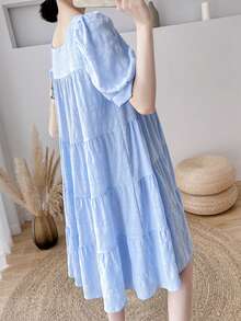 夏季孕妇休闲短袖方领宽松褶皱遮肚连衣裙 - 淺藍色 - 查看 2