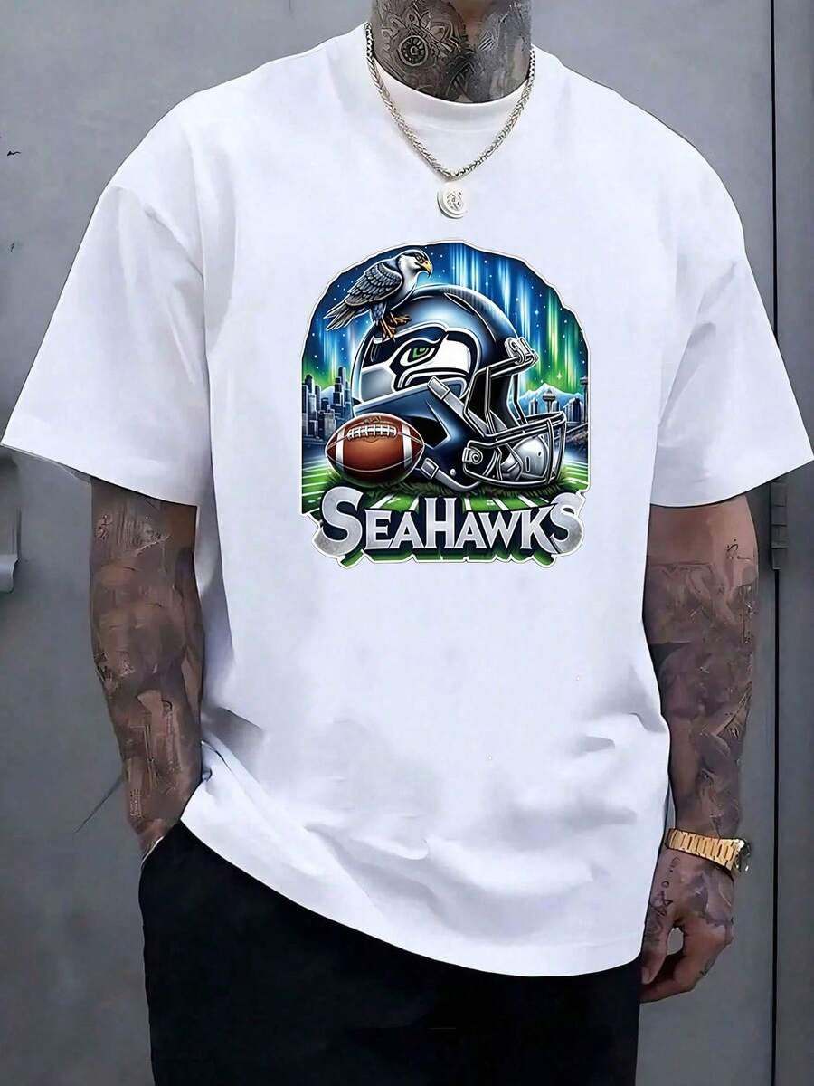 Men's SeattleSeahawks Fan Graphic Tee ,Seahawks Football T-Shirt, Cool Popular, Fashion, Gift For Football Fan, Men'S And Women's Graphic T-Shirt,Casual Sport Attire - Machine Washable, Seahawks Gift For Men - 白色4 - 查看 1