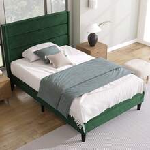 Upholstered Bed 90 X 200 Cm, Bed Frame With Headboard, Double Upholstered Bed, Dark Green Velvet Fabric, Bed For Young People - Green - View 2