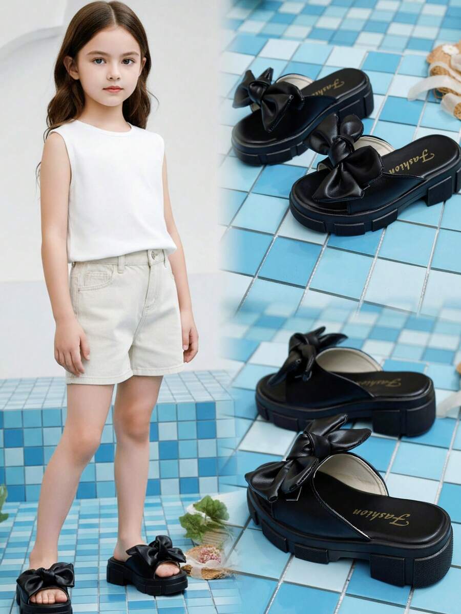 1 Pair Black Butterfly Decor PU Round Toe Slip-On Mules, Thick Platform Sole Design, Suitable For Girls Aged 6-15 For Casual, Walking, Beach, Daily Wear, 2026 Spring/Summer New - Black - View 1