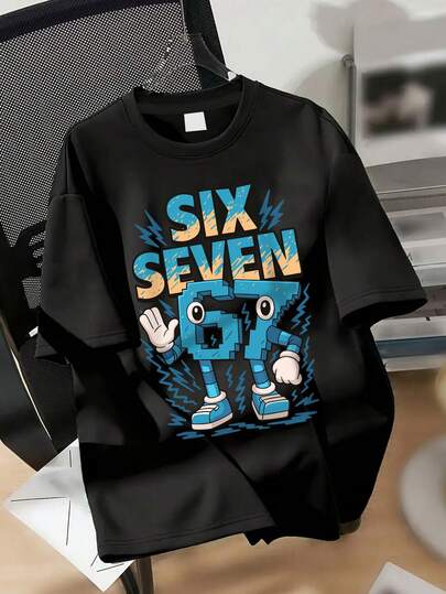 青少年男孩趣味67图案圆领短袖T恤，67数字设计 - 休闲街头风T恤，适合春夏日常、派对和社交场合 - 青少年男孩的趣味服装