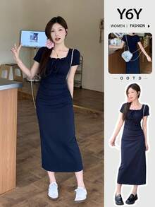 Y6Y French Blue Women's Spring/Summer Sexy Slim Fit Mid-Length Square Neck Dress - Blue - View 11