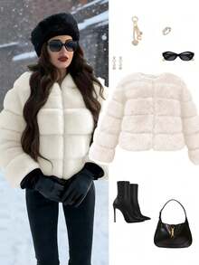 Women's Elegant Slim-Fit Lightweight Faux Fox Fur Jacket, Short Sleeve Luxury Faux Fur Coat, New European And American Hot Selling, Winter - White - View 2