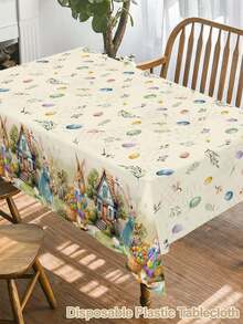 1件蓝色复活节兔子、彩蛋、花卉图案一次性塑料桌布，尺寸220x130厘米，适用于复活节家居厨房餐桌装饰、复活节派对用品 - 彩色 - 查看 6