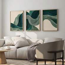 Green Abstract Waves Wall Art Set Of 3, Japandi Minimalist Wall Art, Medieval Green Abstract Decoration, Home Decor Living Room, Wall Decor, No Frame - Waves - View 2