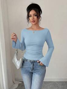 Women's Spring Fall Long Sleeve Shirts Crop Going Out Tops Casual Boat Neck Bell Sleeve Ribbed Ruched Y2K Clothes - Light Blue - View 7